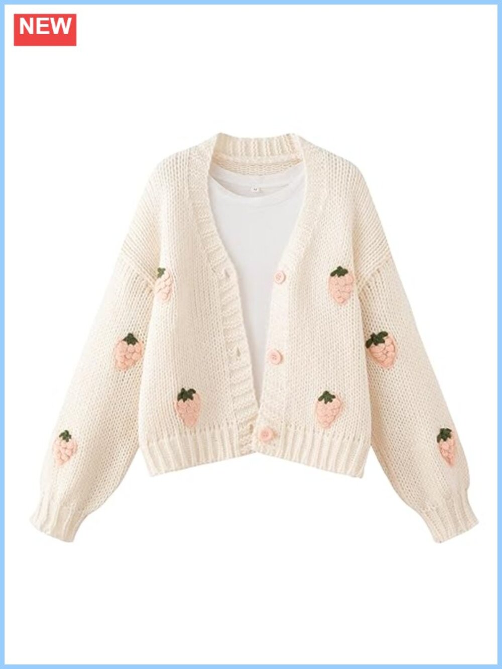 Kawaii Strawberry Embroidered Button Down Cardigan Long Sleeve V Neck Chunky